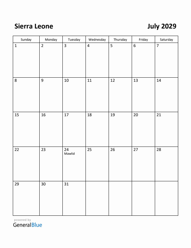 July 2029 Calendar with Sierra Leone Holidays