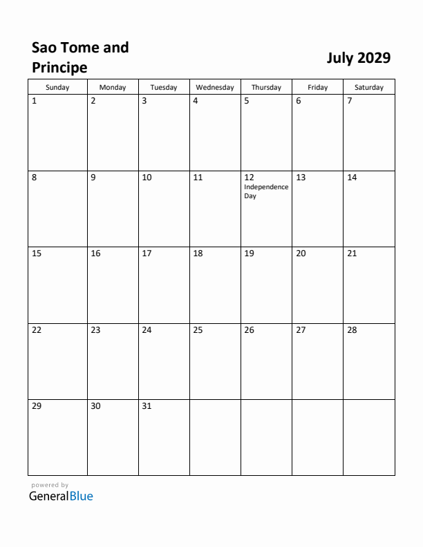 July 2029 Calendar with Sao Tome and Principe Holidays