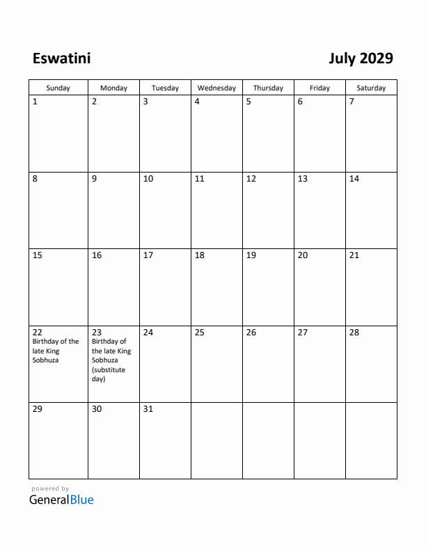 July 2029 Calendar with Eswatini Holidays
