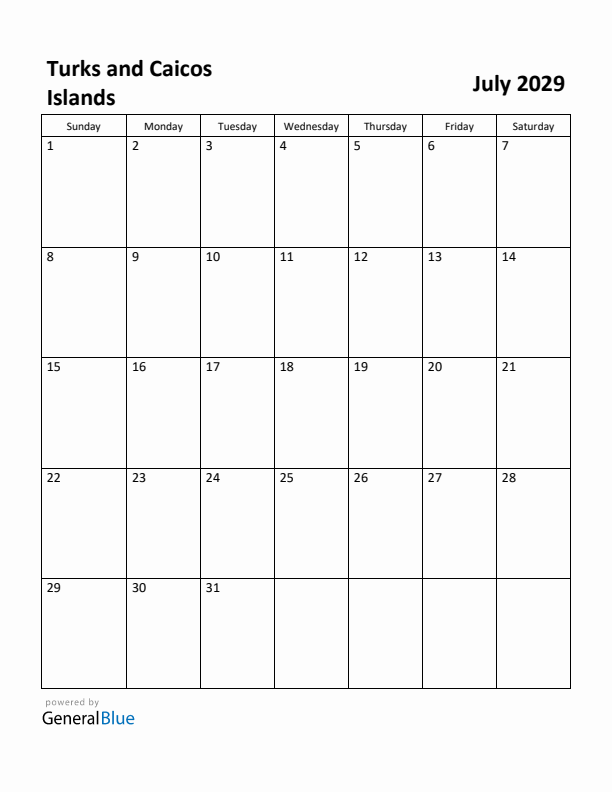 July 2029 Calendar with Turks and Caicos Islands Holidays
