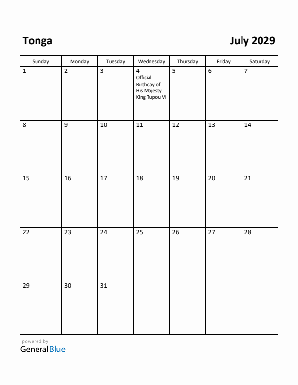 July 2029 Calendar with Tonga Holidays