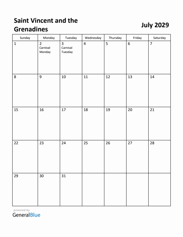 July 2029 Calendar with Saint Vincent and the Grenadines Holidays