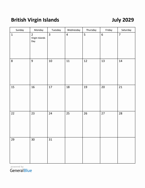 July 2029 Calendar with British Virgin Islands Holidays