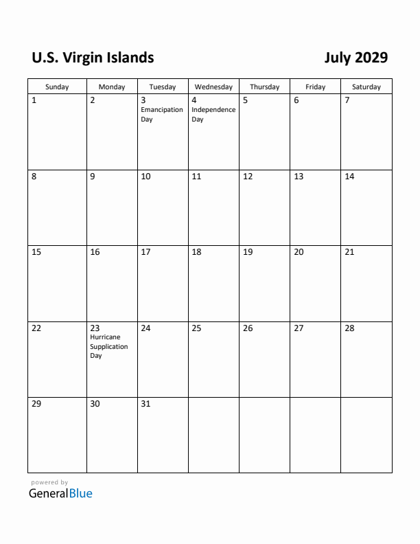 July 2029 Calendar with U.S. Virgin Islands Holidays