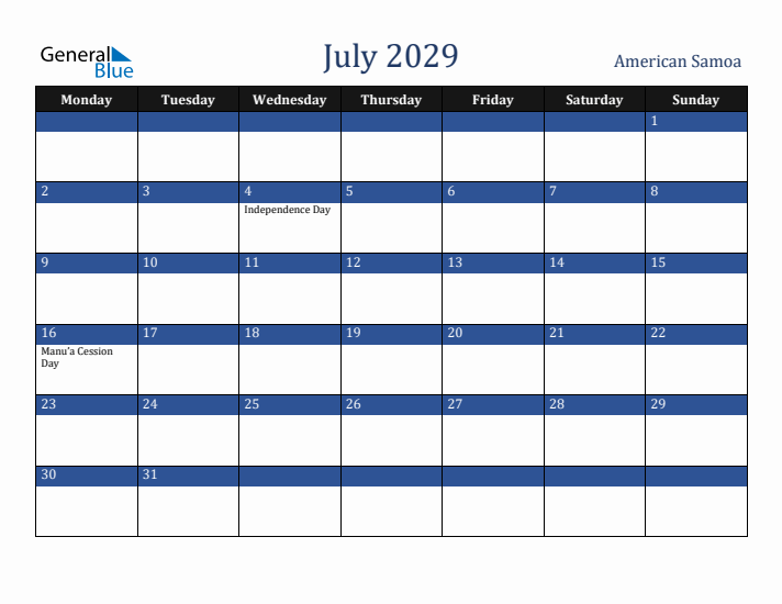 July 2029 American Samoa Calendar (Monday Start)