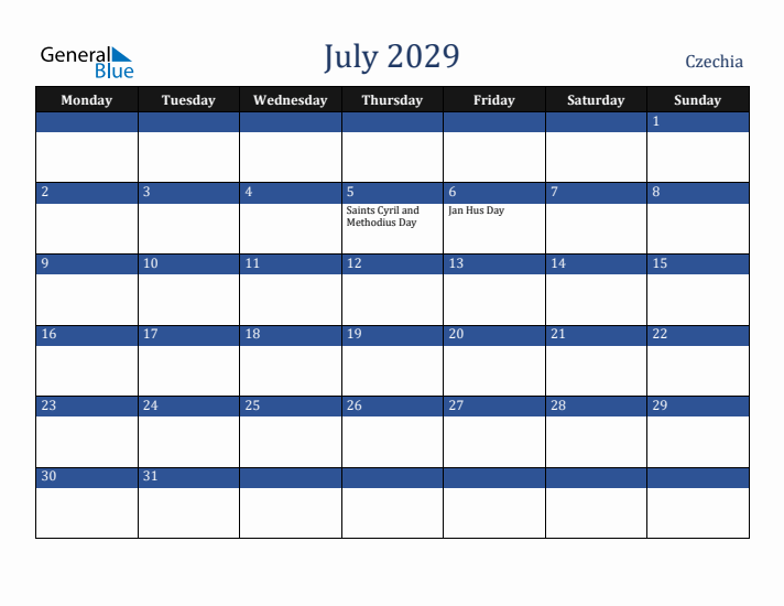 July 2029 Czechia Calendar (Monday Start)