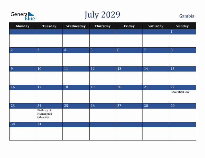 July 2029 Gambia Calendar (Monday Start)