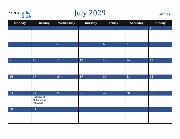 July 2029 Guinea Calendar (Monday Start)