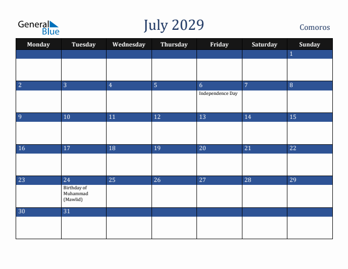 July 2029 Comoros Calendar (Monday Start)