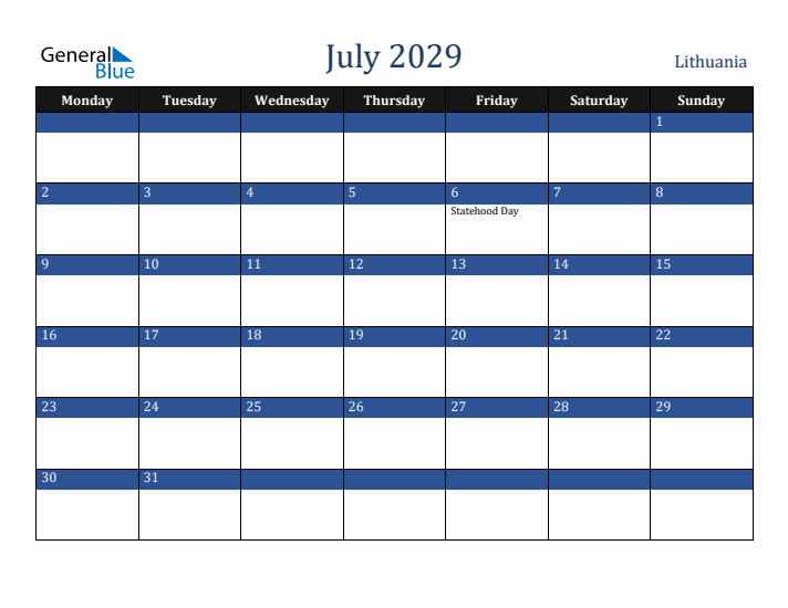 July 2029 Lithuania Calendar (Monday Start)