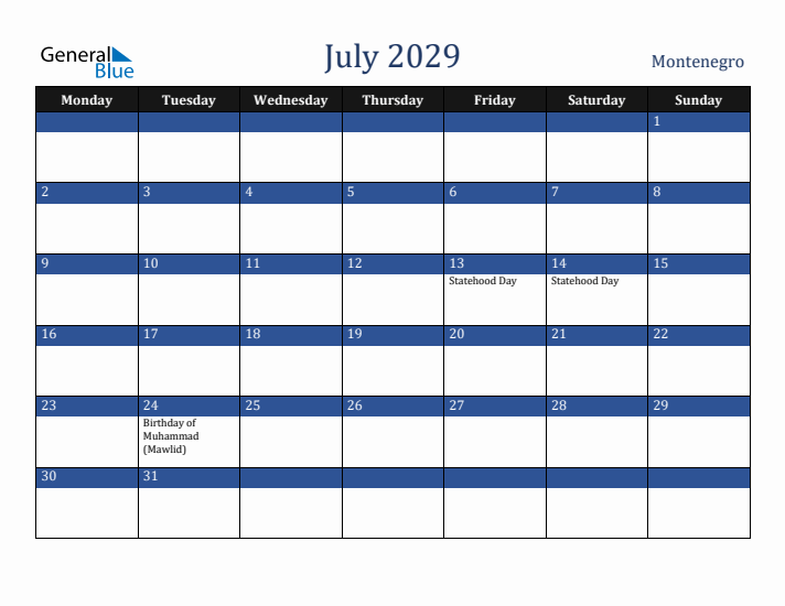 July 2029 Montenegro Calendar (Monday Start)