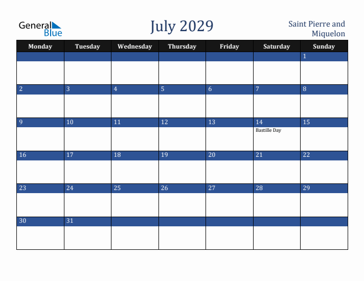 July 2029 Saint Pierre and Miquelon Calendar (Monday Start)