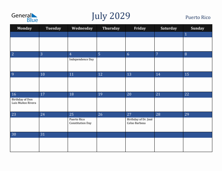 July 2029 Puerto Rico Calendar (Monday Start)