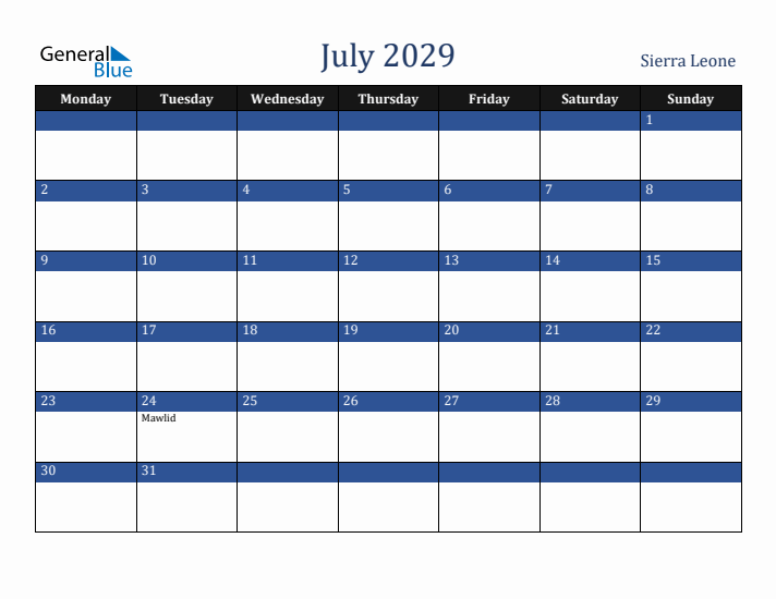 July 2029 Sierra Leone Calendar (Monday Start)