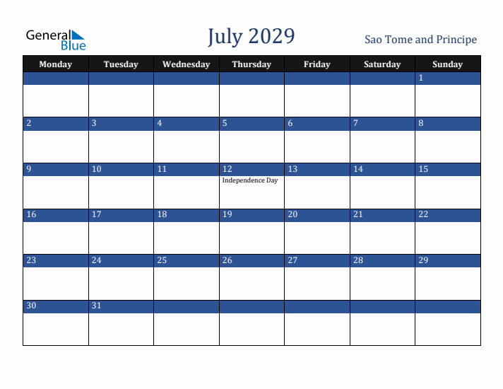 July 2029 Sao Tome and Principe Calendar (Monday Start)