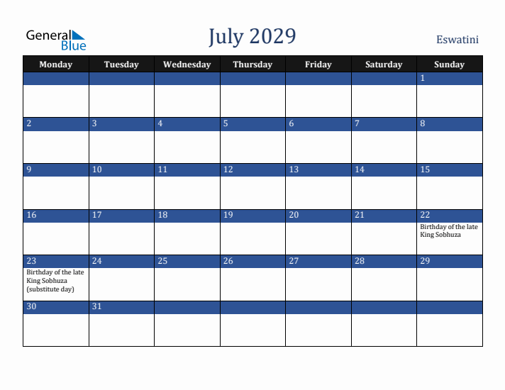 July 2029 Eswatini Calendar (Monday Start)