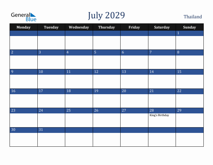 July 2029 Thailand Calendar (Monday Start)