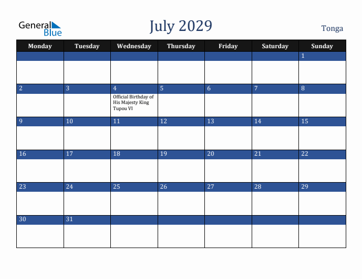 July 2029 Tonga Calendar (Monday Start)