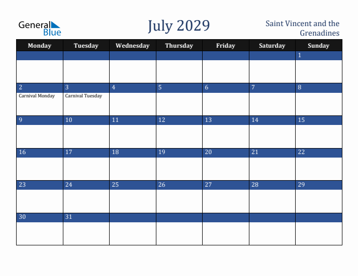 July 2029 Saint Vincent and the Grenadines Calendar (Monday Start)