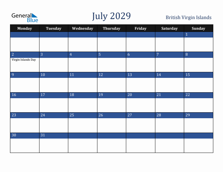 July 2029 British Virgin Islands Calendar (Monday Start)
