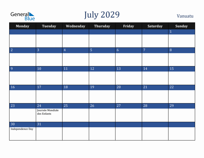 July 2029 Vanuatu Calendar (Monday Start)