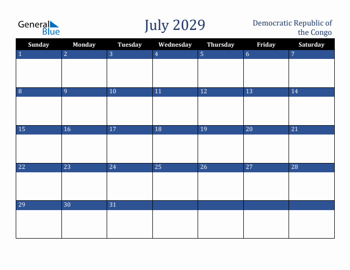 July 2029 Democratic Republic of the Congo Calendar (Sunday Start)