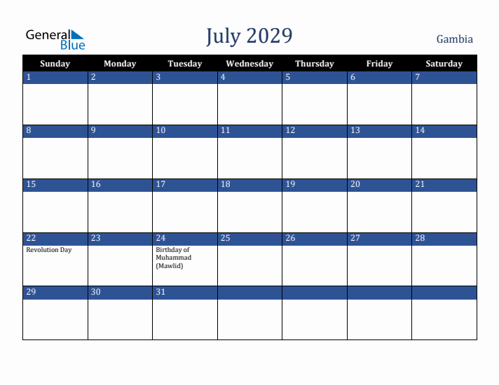 July 2029 Gambia Calendar (Sunday Start)