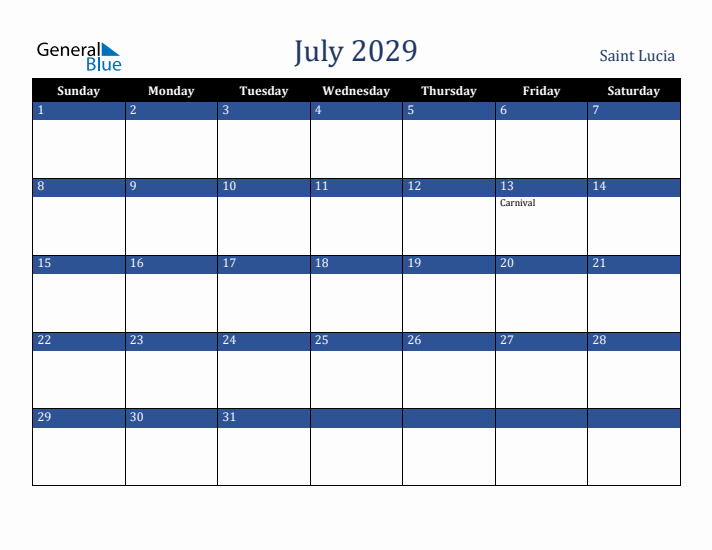 July 2029 Saint Lucia Calendar (Sunday Start)