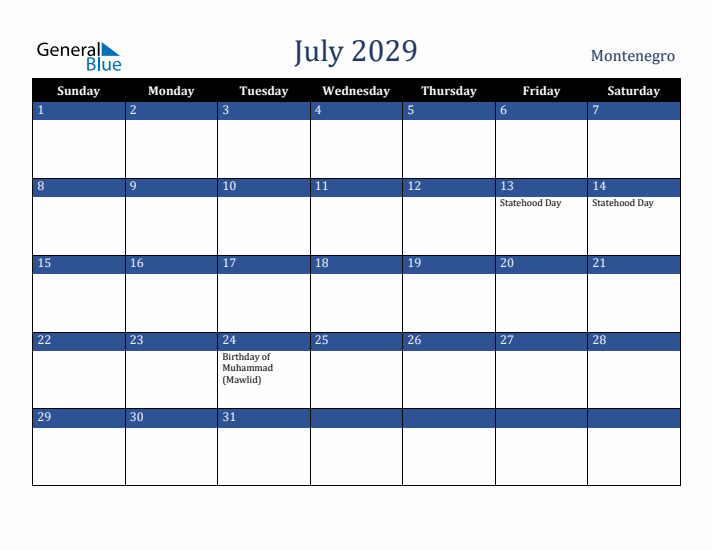July 2029 Montenegro Calendar (Sunday Start)