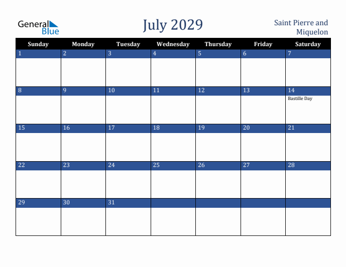 July 2029 Saint Pierre and Miquelon Calendar (Sunday Start)