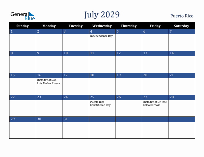 July 2029 Puerto Rico Calendar (Sunday Start)