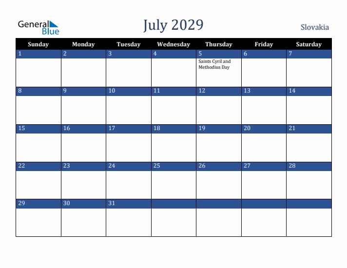 July 2029 Slovakia Calendar (Sunday Start)