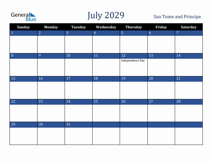 July 2029 Sao Tome and Principe Calendar (Sunday Start)