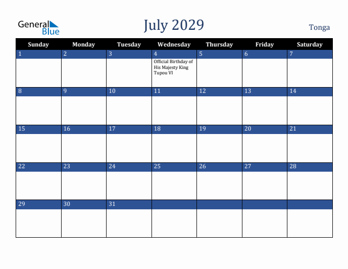 July 2029 Tonga Calendar (Sunday Start)