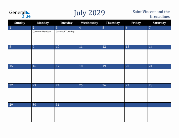 July 2029 Saint Vincent and the Grenadines Calendar (Sunday Start)
