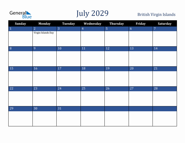 July 2029 British Virgin Islands Calendar (Sunday Start)