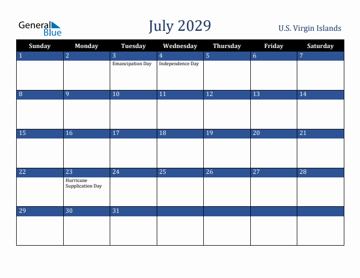 July 2029 U.S. Virgin Islands Calendar (Sunday Start)