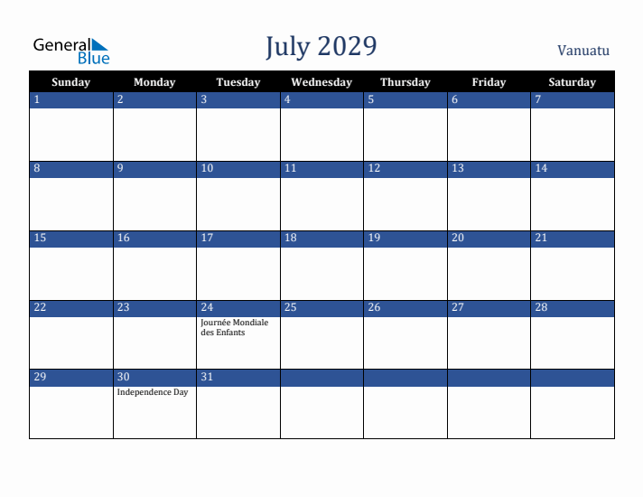 July 2029 Vanuatu Calendar (Sunday Start)