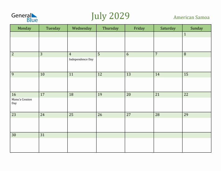 July 2029 Calendar with American Samoa Holidays