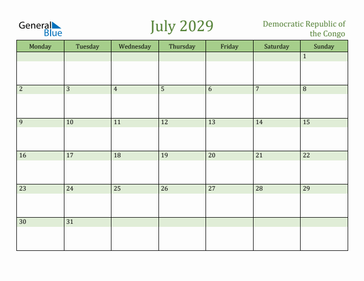July 2029 Calendar with Democratic Republic of the Congo Holidays