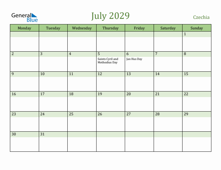 July 2029 Calendar with Czechia Holidays
