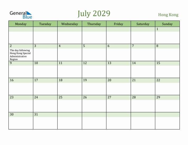 July 2029 Calendar with Hong Kong Holidays