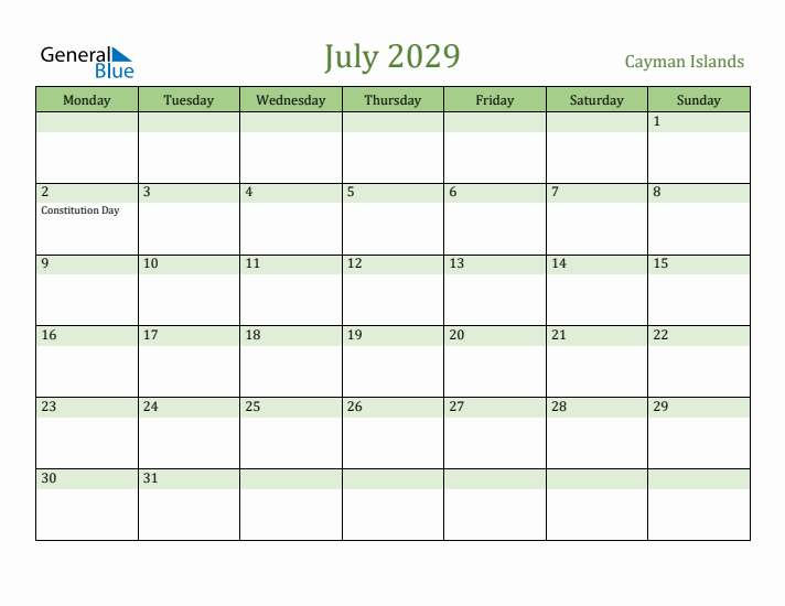 July 2029 Calendar with Cayman Islands Holidays