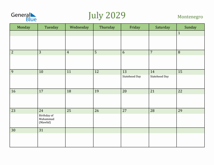 July 2029 Calendar with Montenegro Holidays