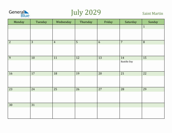 July 2029 Calendar with Saint Martin Holidays