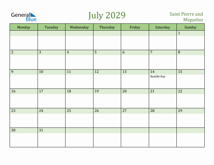 July 2029 Calendar with Saint Pierre and Miquelon Holidays