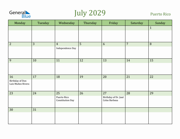 July 2029 Calendar with Puerto Rico Holidays