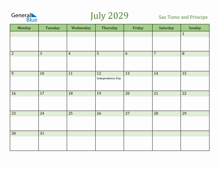 July 2029 Calendar with Sao Tome and Principe Holidays