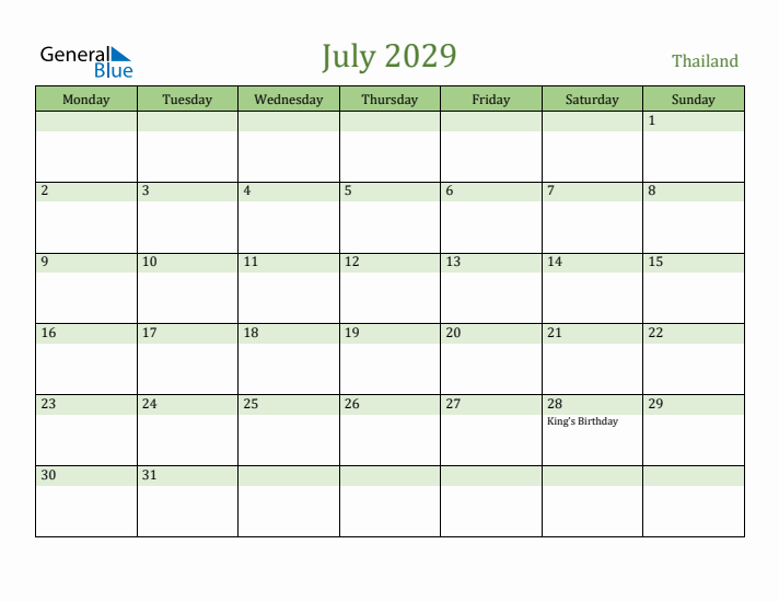 July 2029 Calendar with Thailand Holidays
