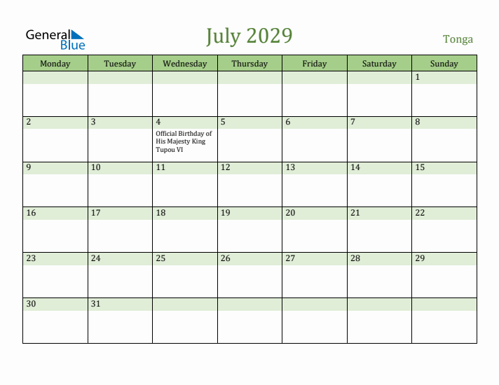 July 2029 Calendar with Tonga Holidays